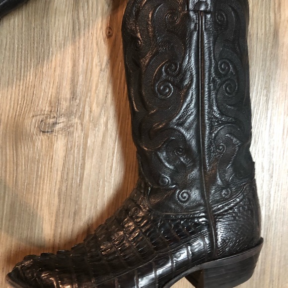 TONY LAMA MEN'S BLACK BELLY ANTIQUE SIGNATURE SERIES™ CAIMAN WESTERN BOOTS - Picture 5 of 12